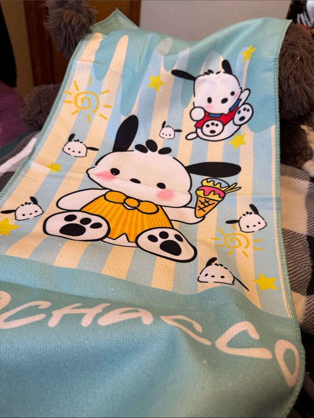 Pochacco Print Towel - Aqua & Yellow
